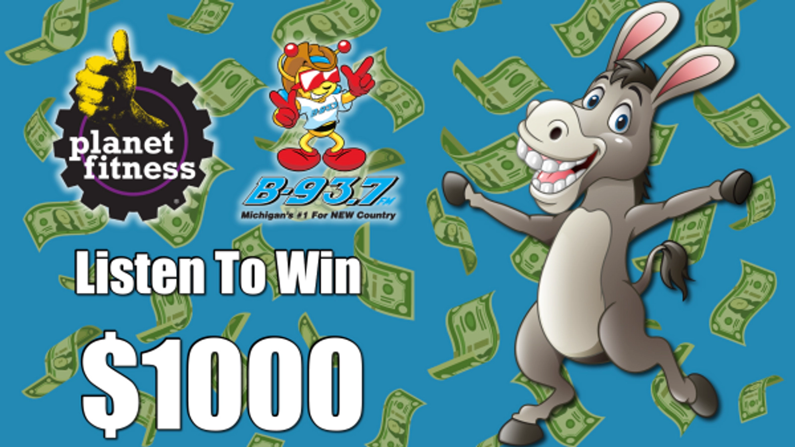 Listen to Win $1,000 w/ the Big Dollar Donkey