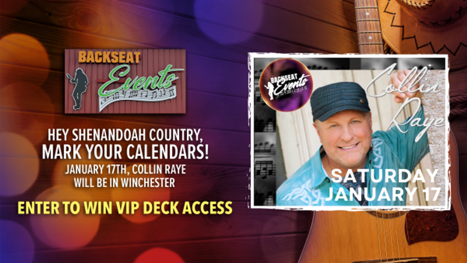 Hey Shenandoah Country, mark your calendars! January 17th Collin Raye will be  in Winchester