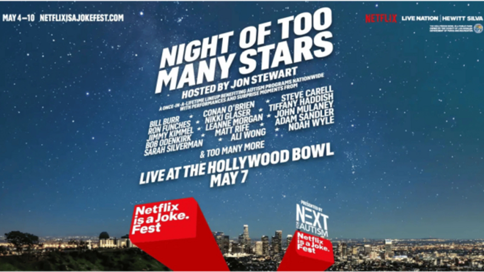 Enter to Win a Pair of Tickets to Netflix is a Joke Presents: Robert Smigel's Night of Too Many Stars Hosted by Jon Stewart at Hollywood Bowl! (5/7)