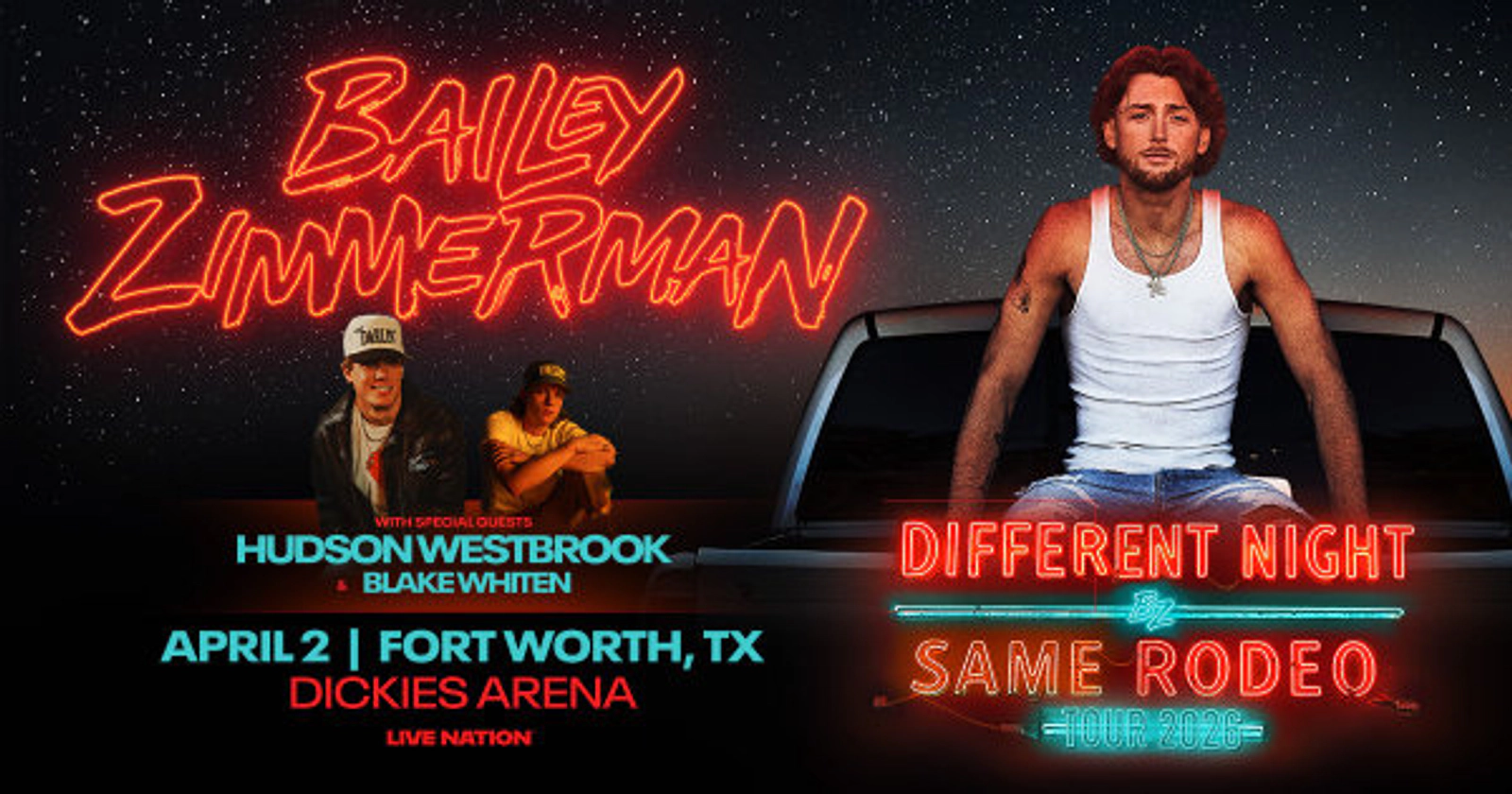 Enter to WIN Bailey Zimmerman: Different Night Same Rodeo Tour 2026 Tickets (TEXAS DATE)