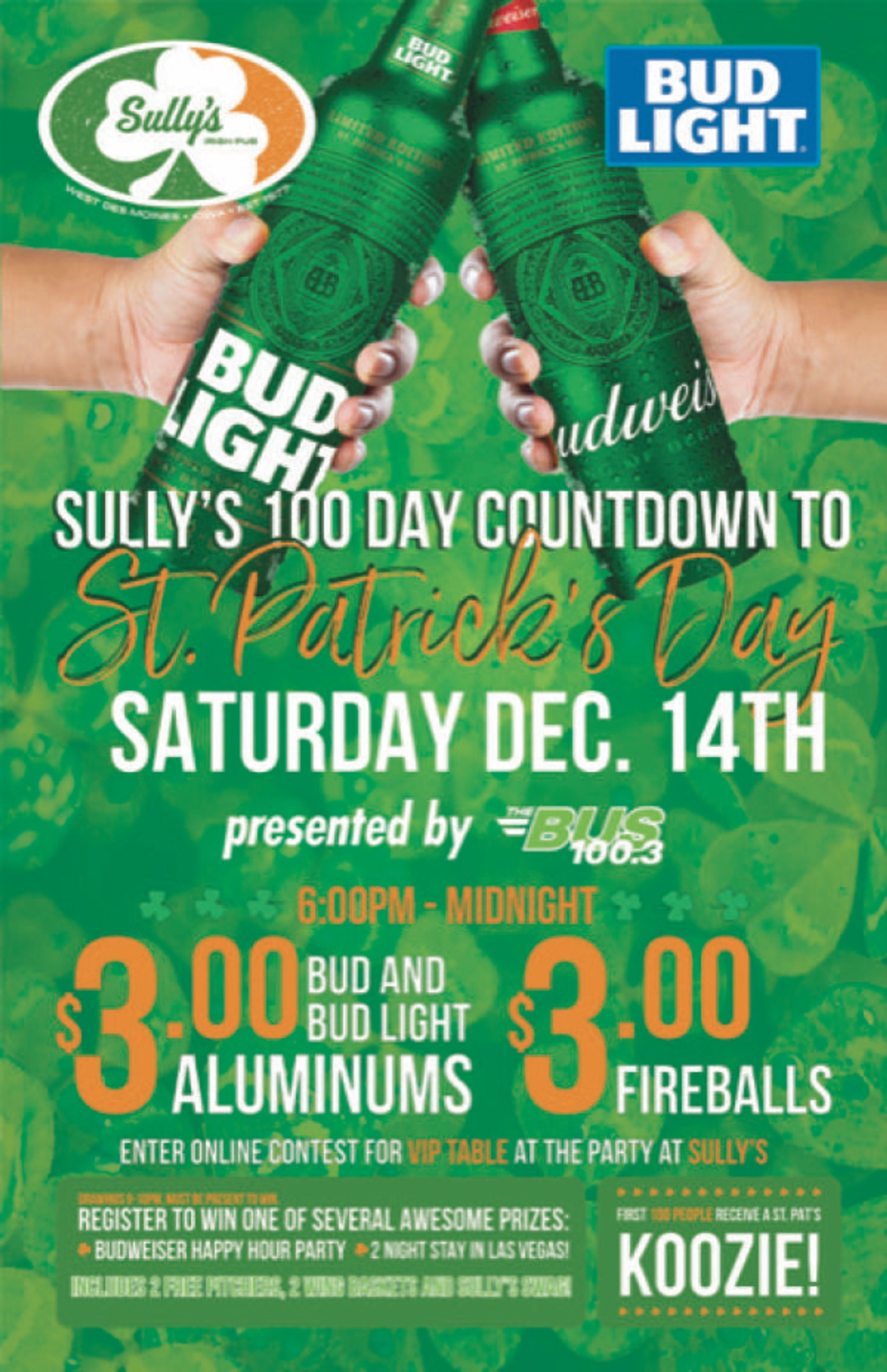 WIN A VIP TABLE FOR SIX at SULLY'S 100 Day Countdown to St. Patricks Day Party, December 14th! - Thumbnail Image