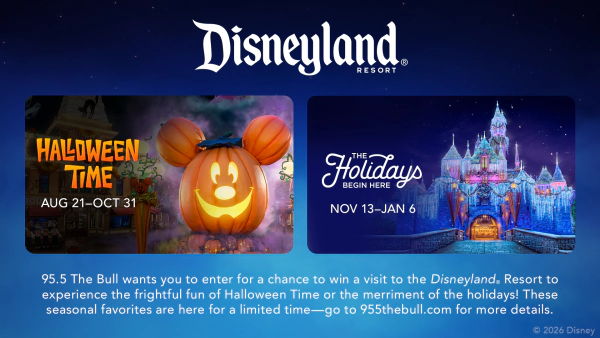 95.5 The Bull wants you to enter for a chance to win a visit to the Disneyland® Resort to experience the frightful fun of Halloween Time or the merriment of the holidays