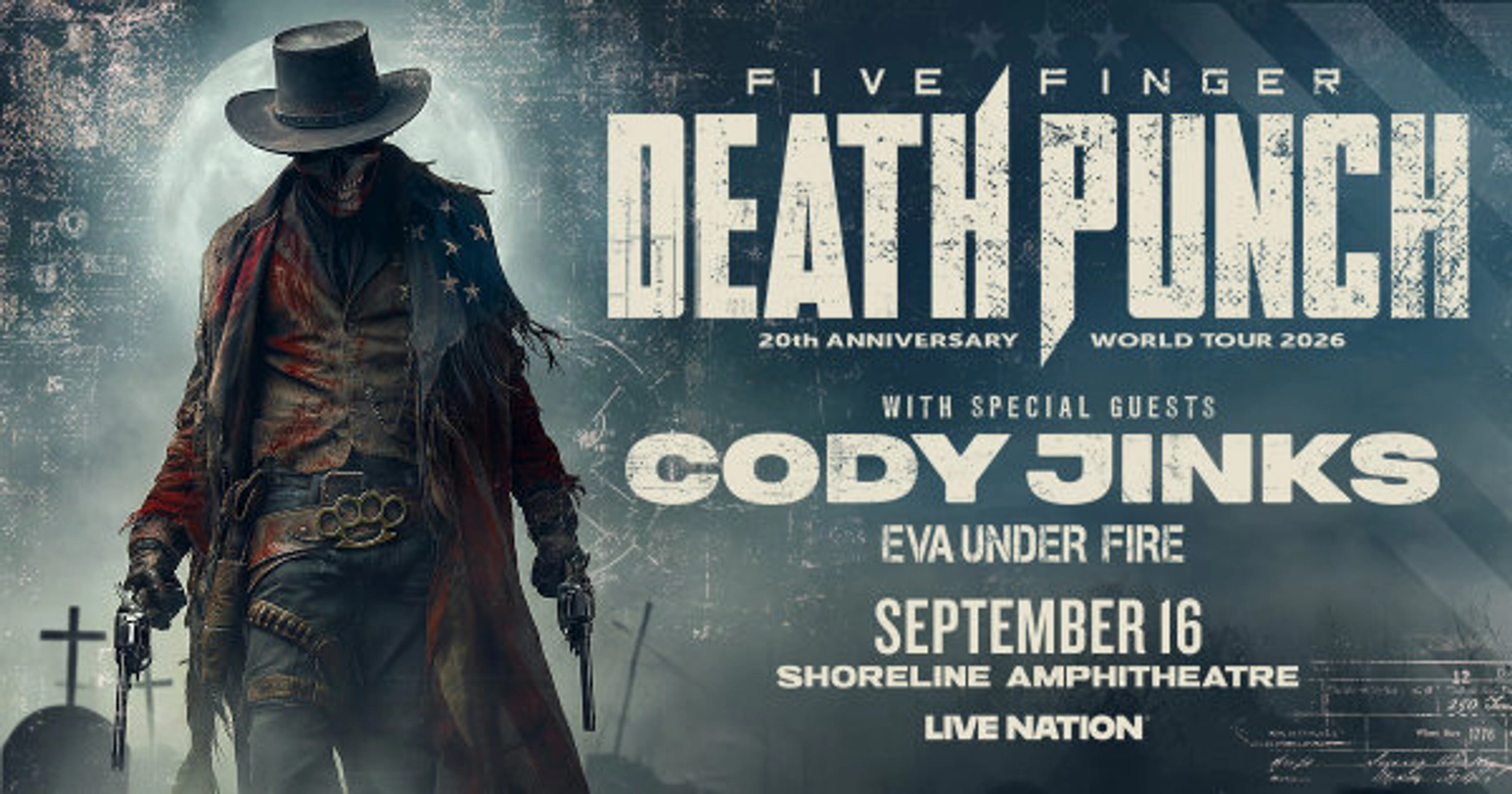 Win Tickets to see Five Finger Death Punch 20th Anniversary Tour at Shoreline Amphitheatre on Sept. 16th!