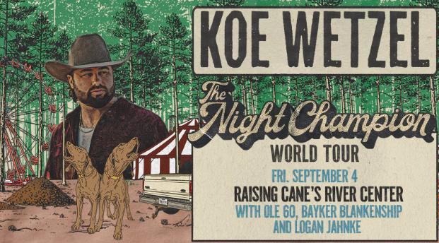 Last Chance Tickets to see Koe Wetzel at the Raising Cane's River Center on September 4!