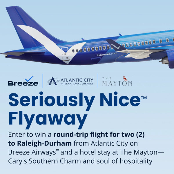 Enter to win a round-trip flight for two from Atlantic City to Raleigh-Durham on Breeze Airways!