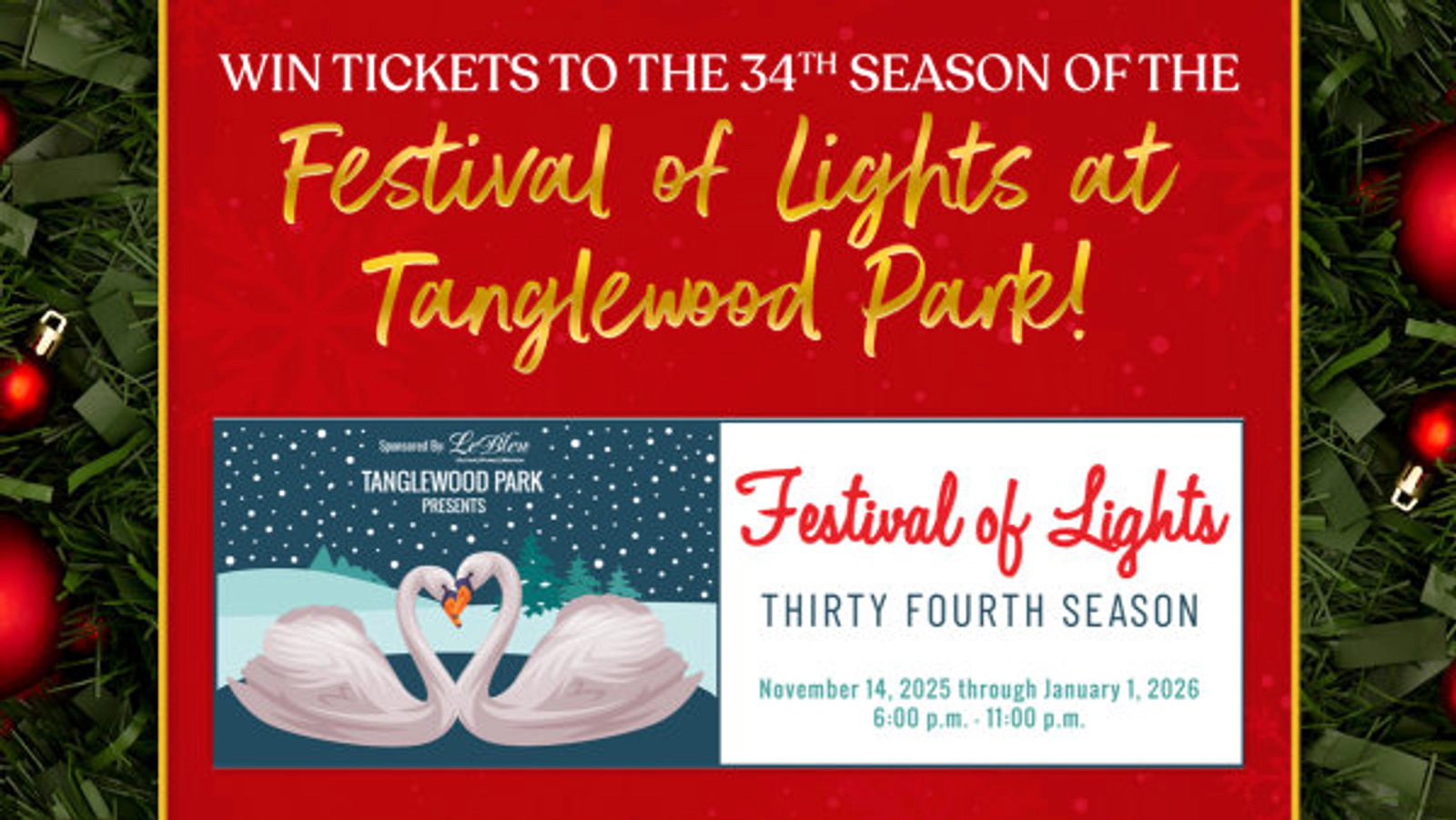 Win tickets to the 34th Season of the Festival of Lights at Tanglewood Park!