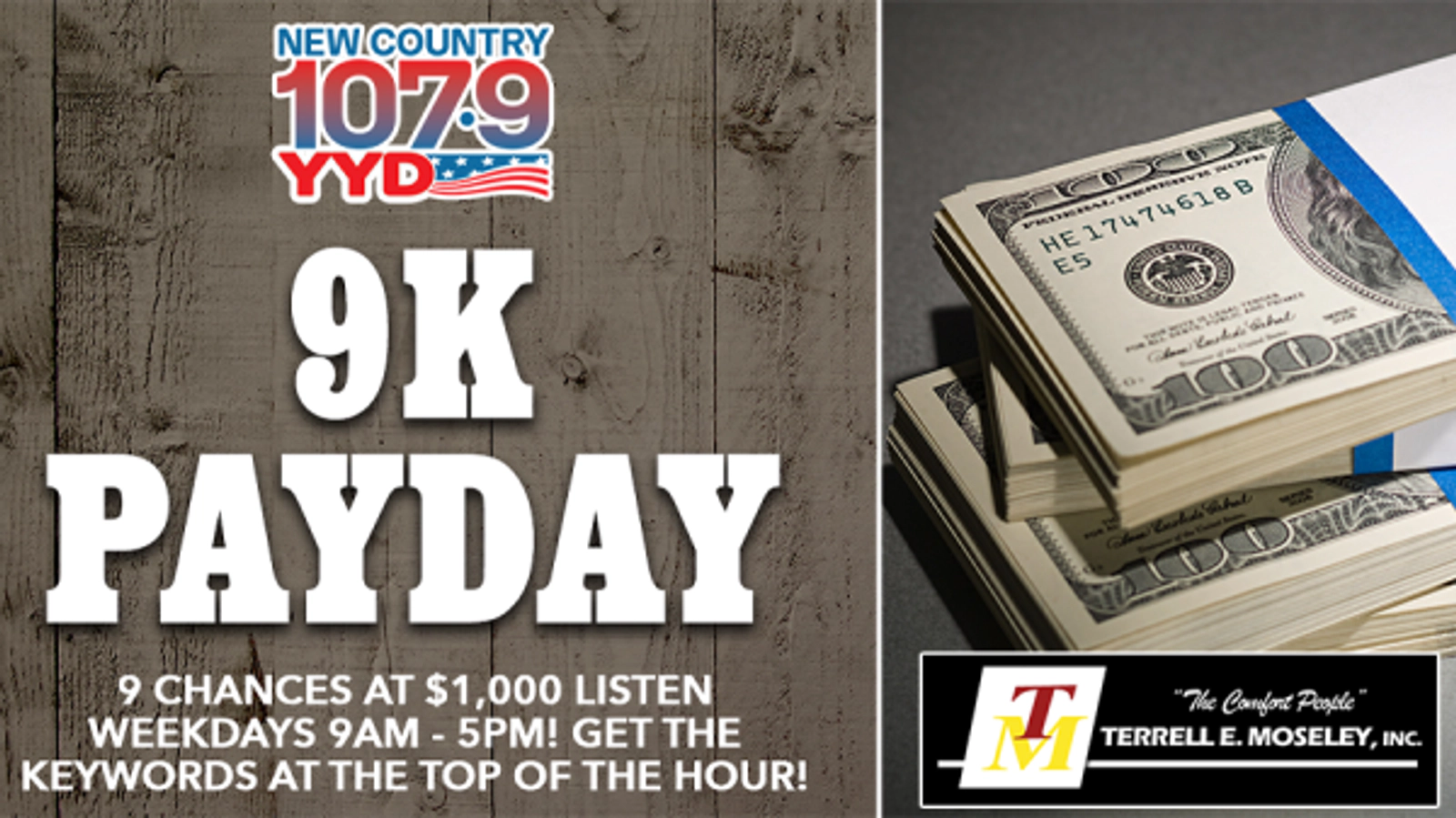 Listen to Win $1,000 With The 9K PayDay!