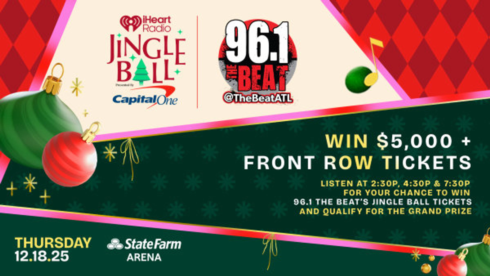 Listen to win $5000 and front row tickets to 96.1 The Beat's Jingle Ball!