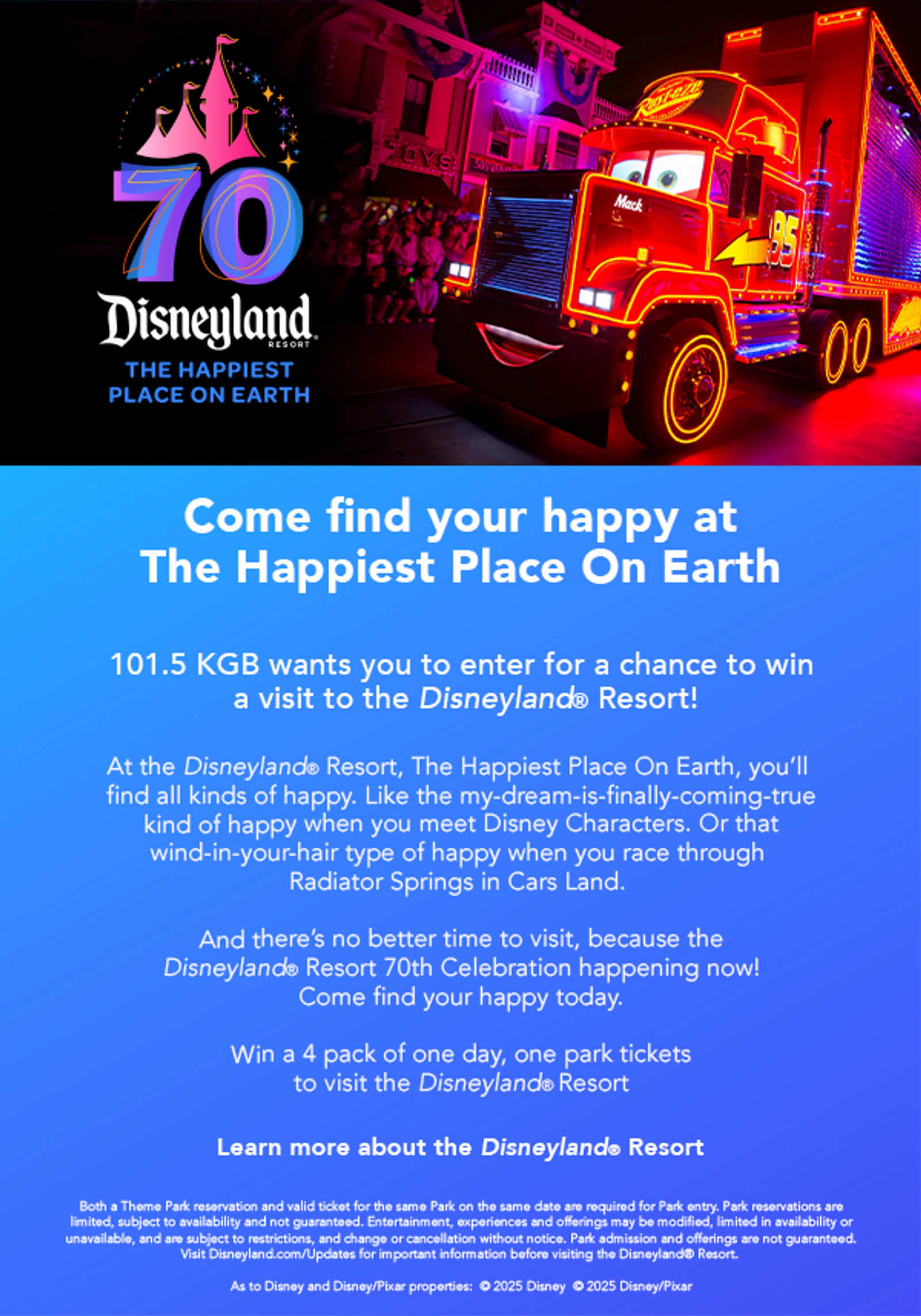 Win a 4 pack of one day, one park tickets to visit the DISNEYLAND® Resort